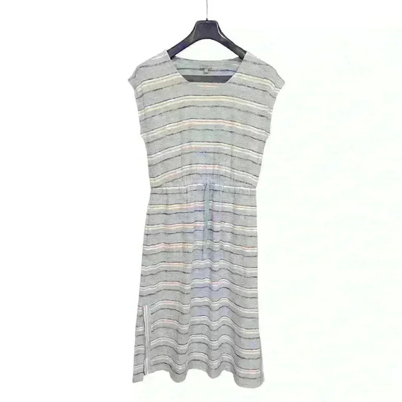 T by Talbots Midi Dress Size MP Drawstring Waist Blue Stripes Knit Stretch - Picture 2 of 10